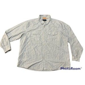 Orvis Men’s Shirt XXL Plaid long sleeve Button Front Gray & Green Stripe Flaw